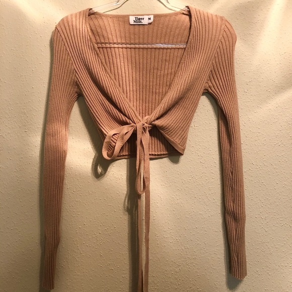 Tiger Mist Tops - Tigermist Taupe Ribbed Crop Tied Long Sleeve